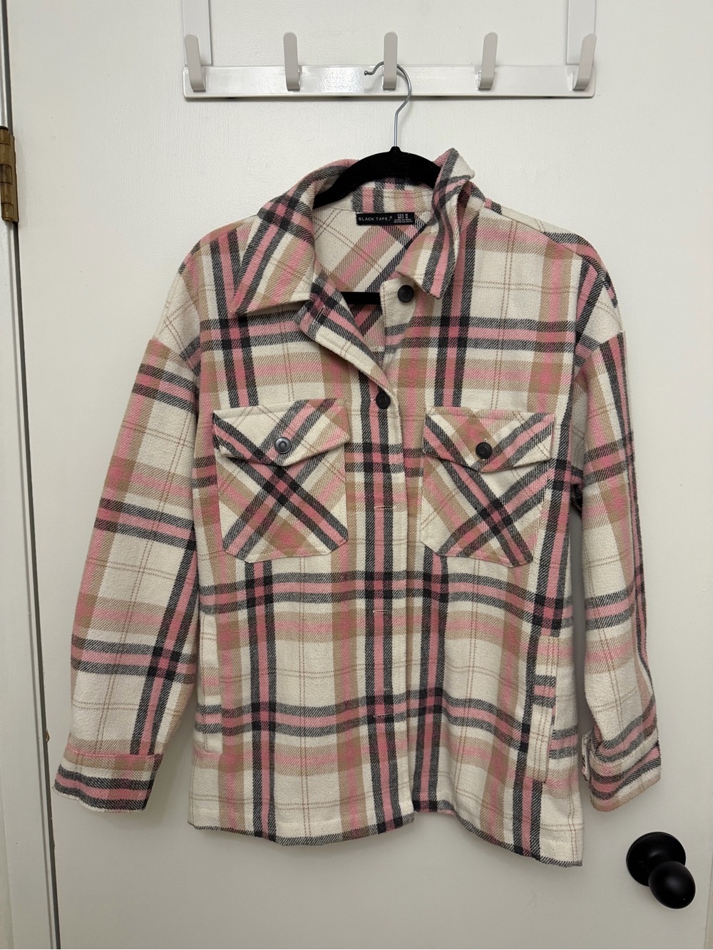 Black Tape_ Pink Cream Plaid Button-Front Shacket
